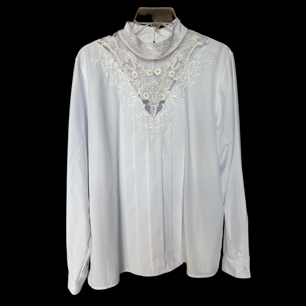 Mourada White Lace Vintage Polyester Pleated Blouse Size 16